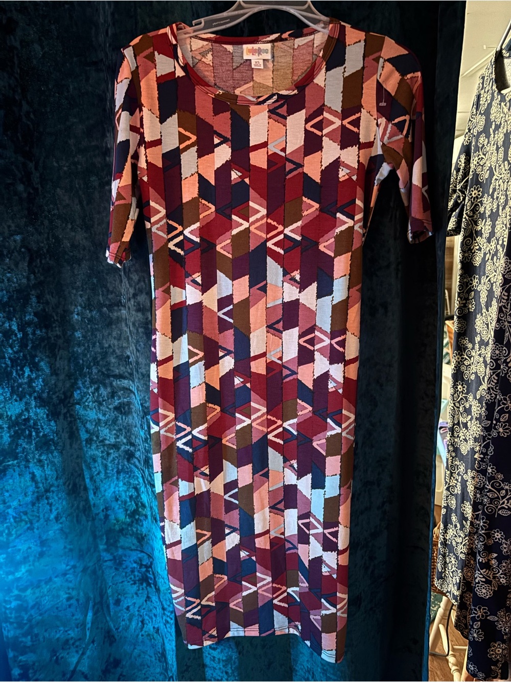 LuLaRoe Geometric Midi Dress in Burgundy, Rust, Navy and Cream